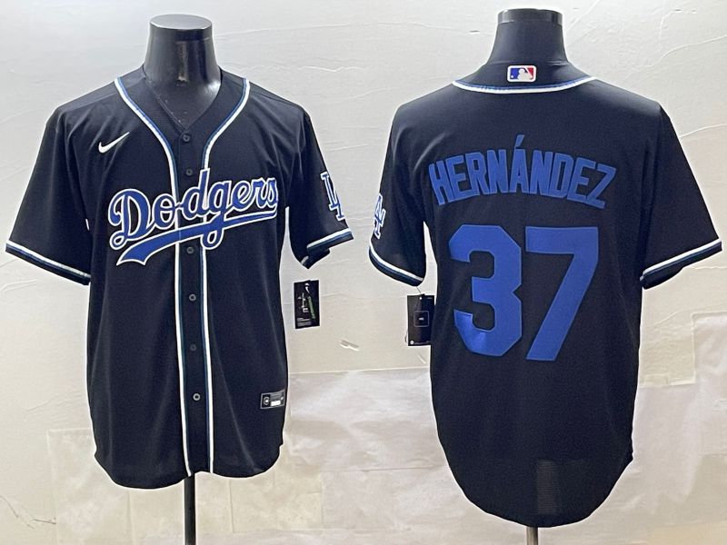 Men Los Angeles Dodgers 37 Hernandez Black blue Three generations Nike 2025 MLB Jersey style 1